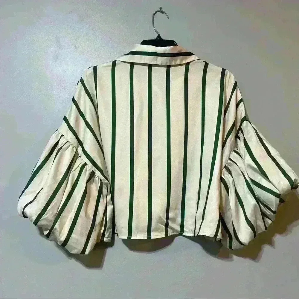 SHEIN Lantern Sleeve Striped Print Shirt size M ivory- green - Picture 4 of 11